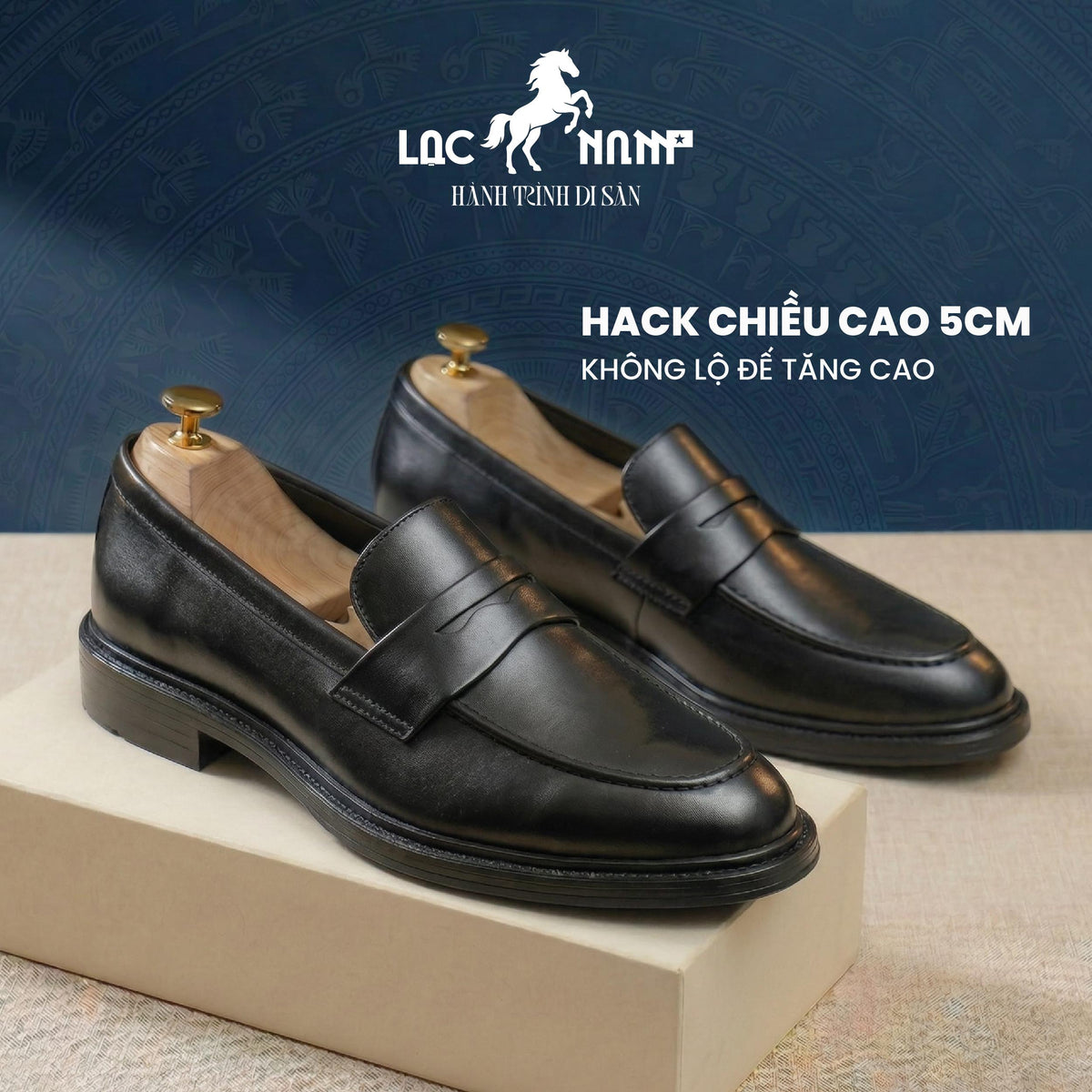 Giày Loafer Nam Lạc Nam Classic Da Bê Lì Tăng Chiều Cao 4,5cm