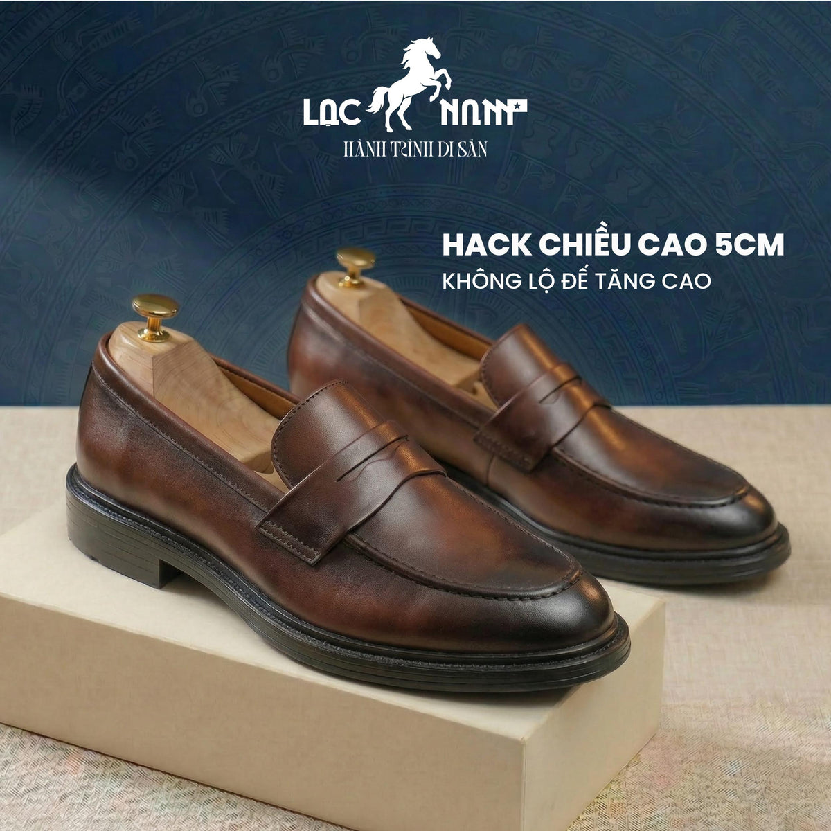 Giày Loafer Nam Lạc Nam Classic Da Bê Lì Tăng Chiều Cao 4,5cm